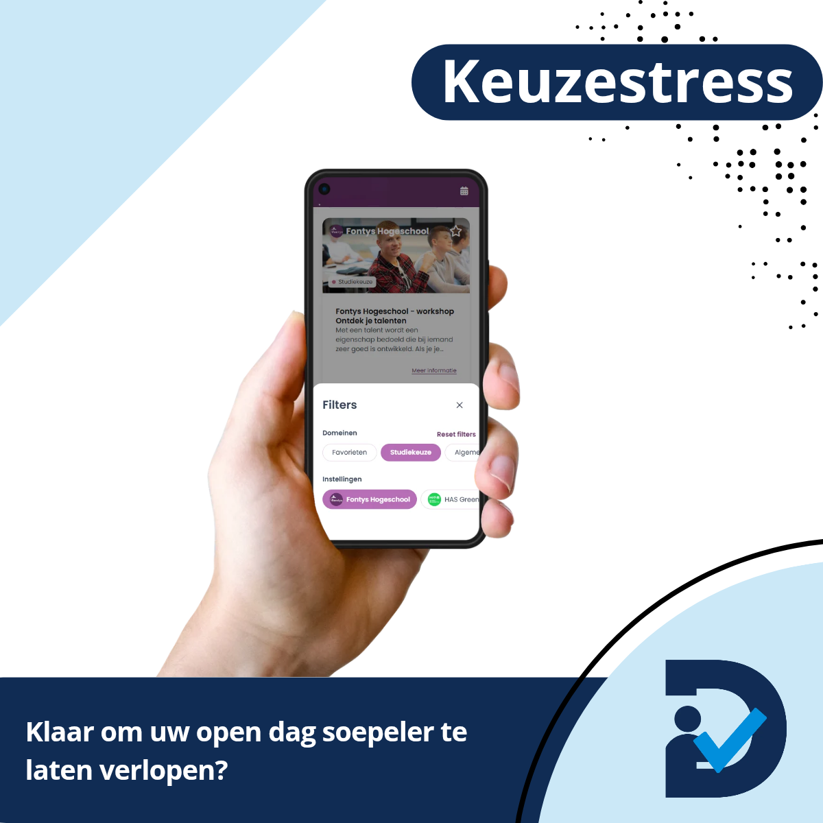 Telefoon met filterscherm van het aanmeldsysteem en de kop Keuzestress
