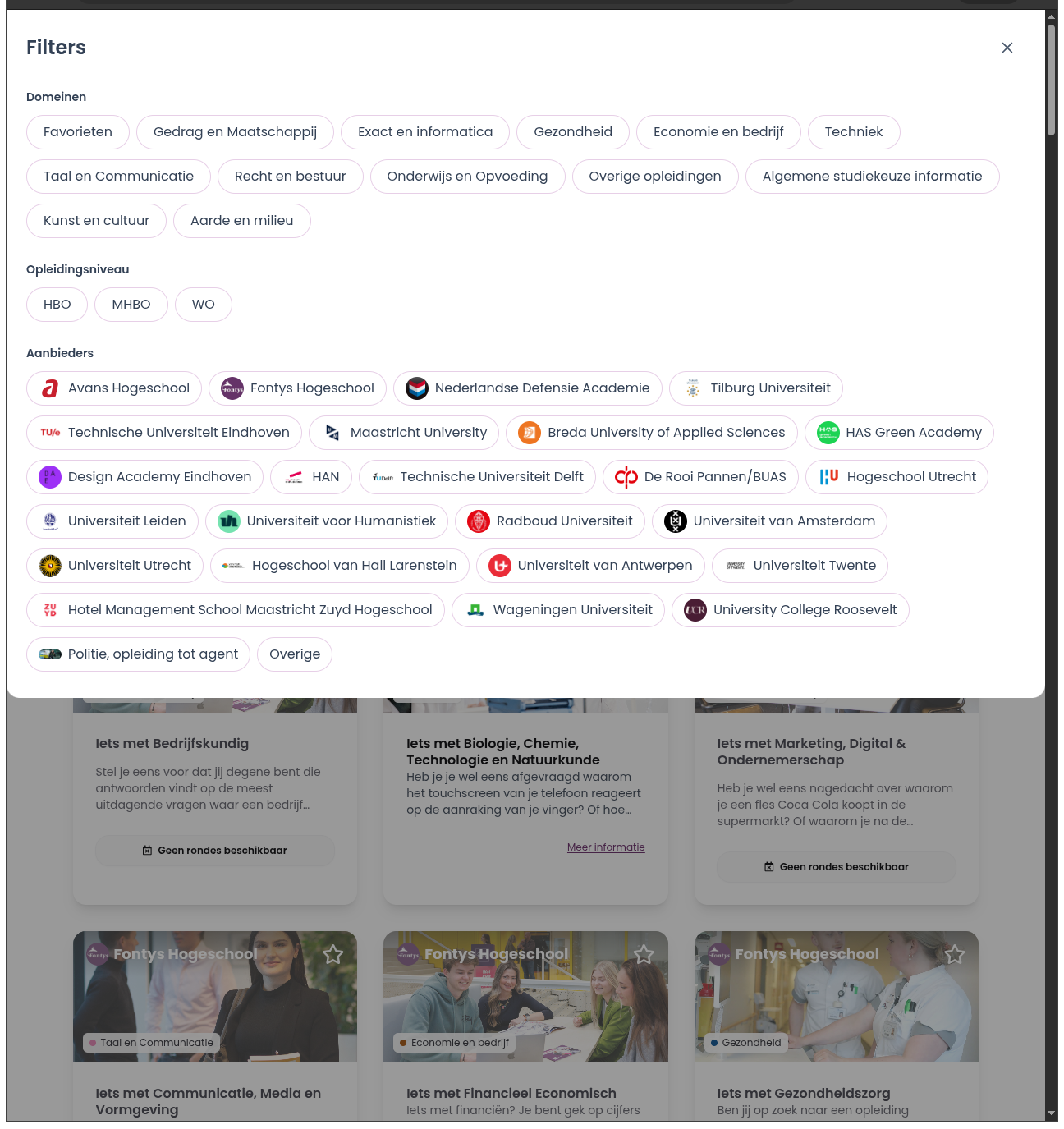 Workshops filteren op interesse en school