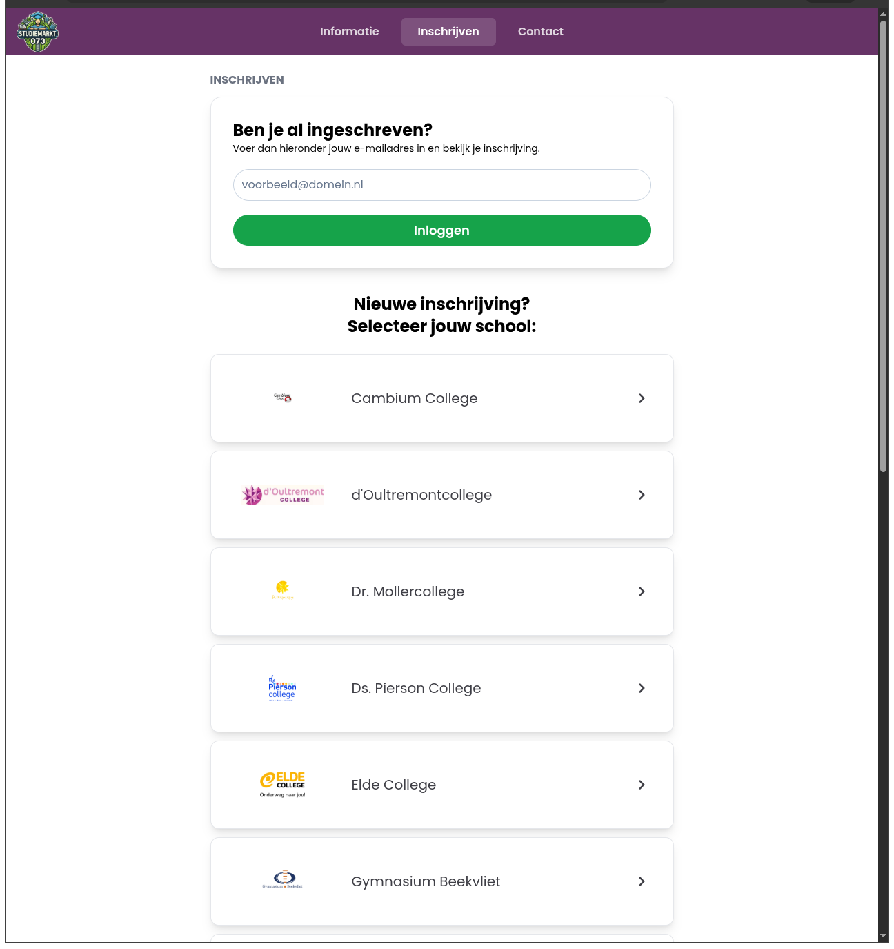 Professionele schoolselectie in het aanmeldsysteem